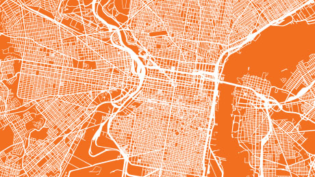 A map in orange and white displaying a city’s street layout