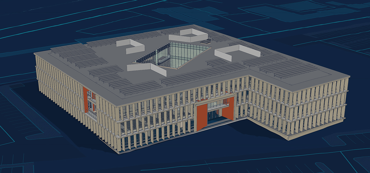 Un'immagine disegnata al computer di un edificio con un cortile al centro