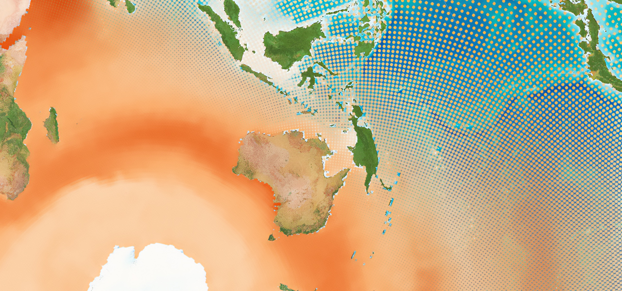 A flat circular map that shows Australia and parts of Antarctica, Africa, and Maritime Southeast Asia, overlayed with a circular-patterned graphic in an orange gradient