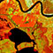 A heat map with regions shaded in reds and yellows bisected by a winding river