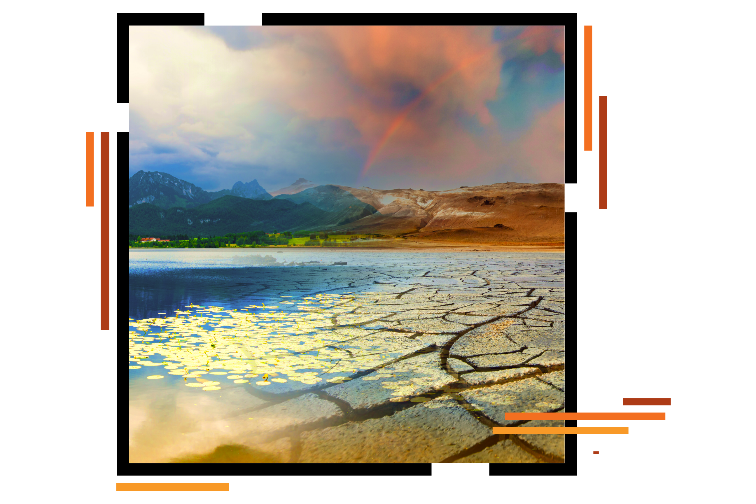 A dry, cracked lakebed overlaid with a lily pad-dotted pond with foothills and mountains in the distance and a cloudy sky