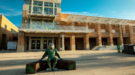 A modern light brown brick university building under a cloud-streaked blue sky with a statue of an eagle mascot in the foreground