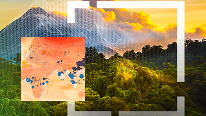 A composite image with a lush green forest under a golden sunset and blue mountains overlaid with a contour grid, alongside a small colorful concentration map on a pale orange background