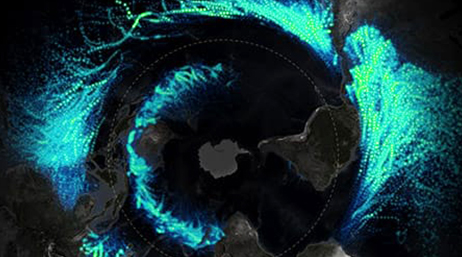 A dark map of islands overlaid with a blue and teal swirl that represents a storm system