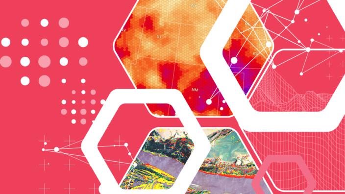 An abstract graphic with a vivid pink background scattered with white hexagons, two containing colorful maps