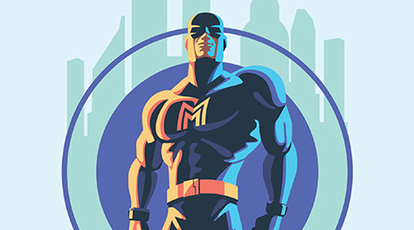 A graphic image of a stylized male superhero in navy blue and gold standing in a bold pose against a city skyline