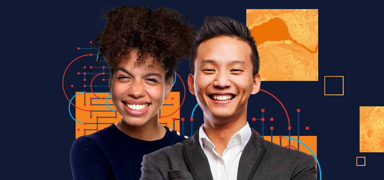Two people smiling overlaid on a dark blue background with orange and red graphic elements 