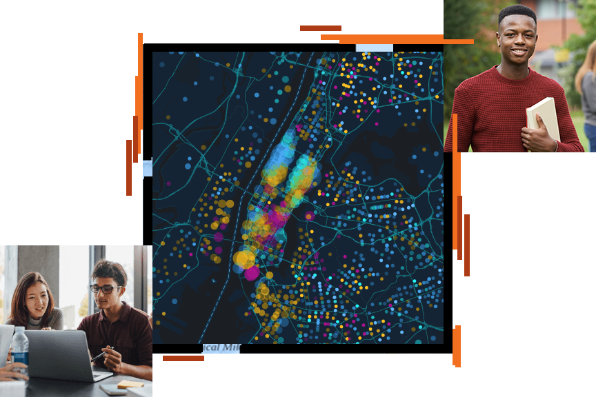 A collage of a colorful concentration map on a black background, a person smiling and holding a book, and two people looking at an open laptop