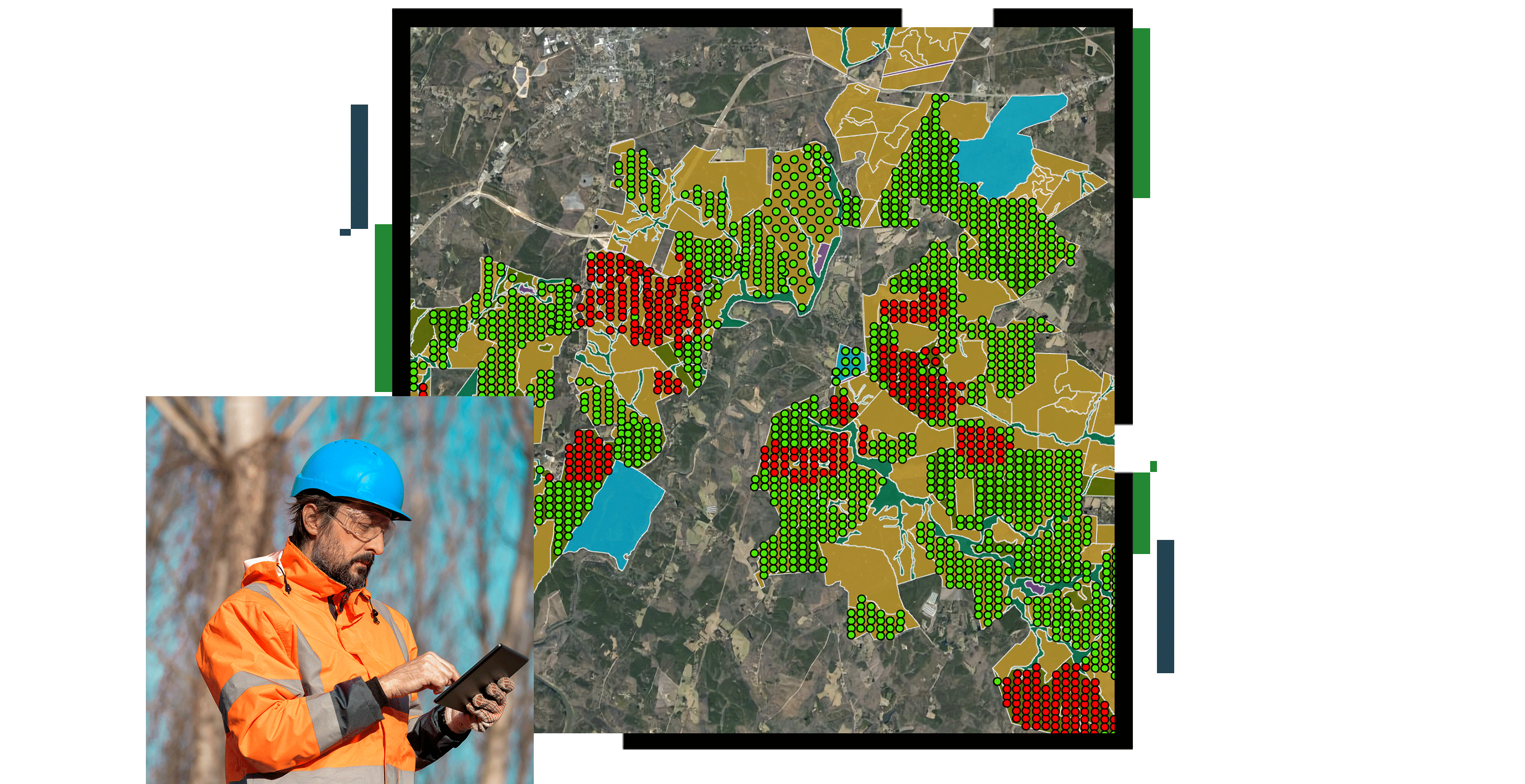 A concentration map in red and green points on a gray background, overlaid with a photo of a person in an orange utility vest and hardhat using a tablet in a forest