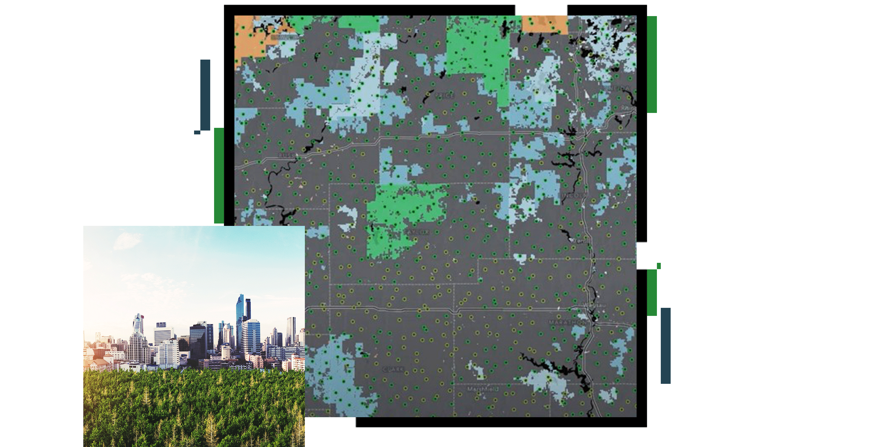 A gray and blue map with sections colored in green with small yellow points, overlaid with a photo of a landscape of treetops with a cityscape in the distance