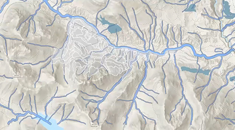 A map with a river and tributaries branching off across a mountain and foothills 