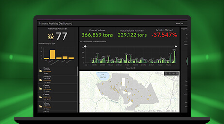 A graphic of a laptop monitor displaying a map dashboard with a forest map and several graphs and data points