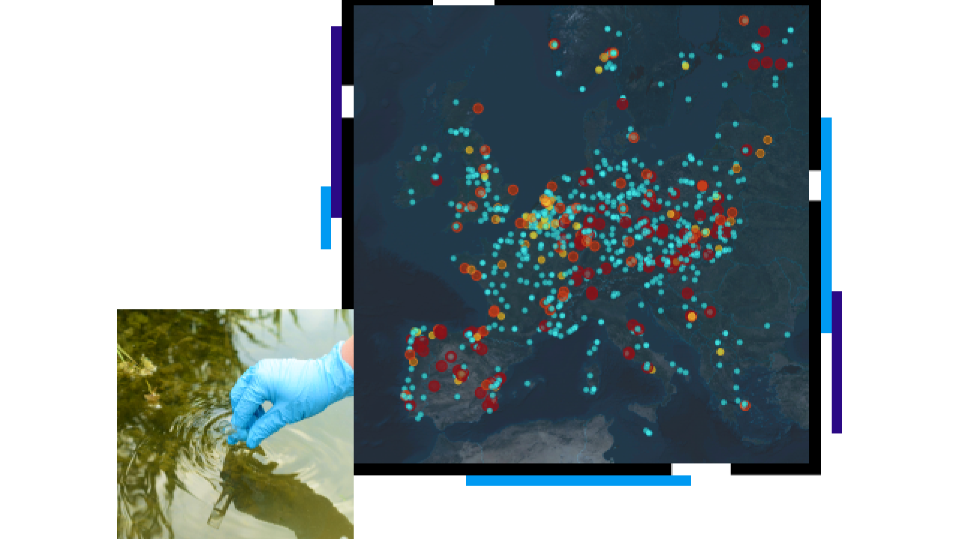 Map with dots indicating environmental health data and a gloved hand collecting a sample in a body of water