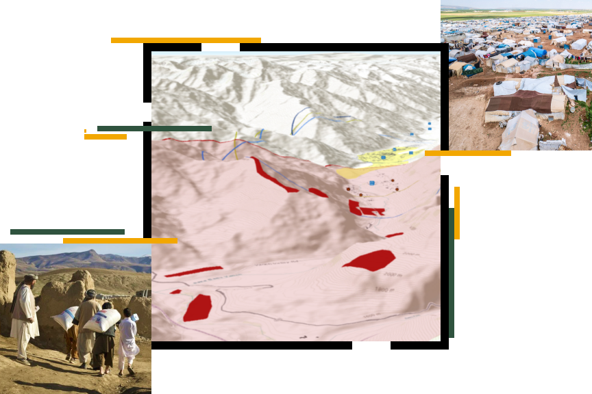 A topographical rendering of a valley highlighted in reds and greens, a tent city, and people carrying supplies surrounded by large rock formations