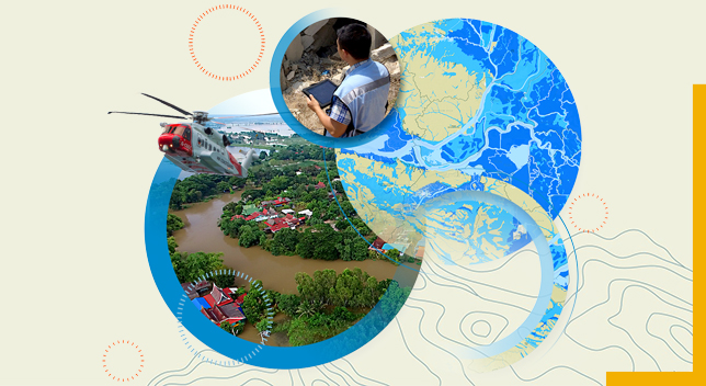 A beige graphic that includes abstract shapes overlaid by circles showing a blue and yellow map, a mobile worker using a tablet, and a flooded neighborhood with a rescue helicopter flying overhead