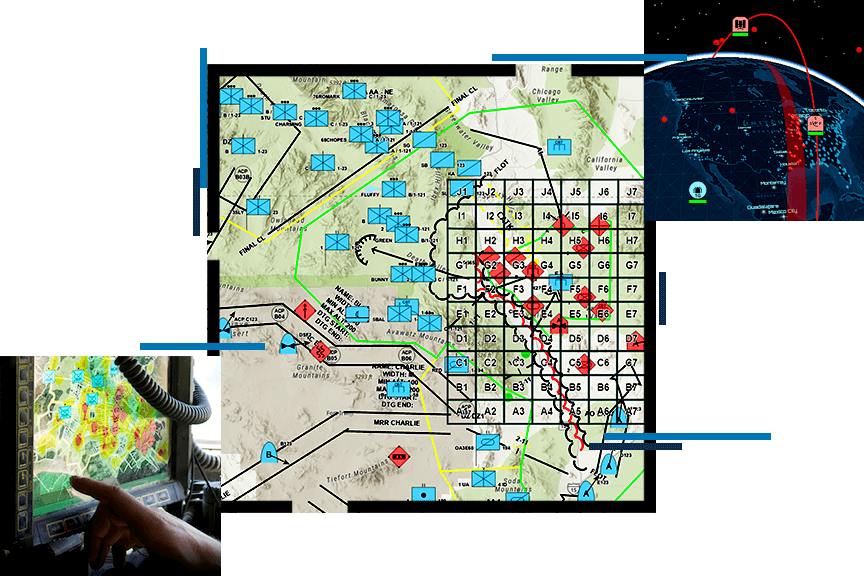 An area map overlaid with various data points, a map of satellite orbit routes, and a closeup photo of an index finger tapping a map on a screen