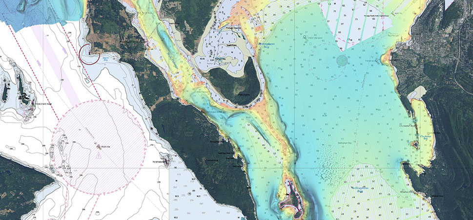 A white, teal, blue, yellow, and orange nautical chart