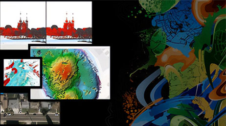 A series of charts and ArcGIS Pro maps overlayed on a colorful, abstract graphic