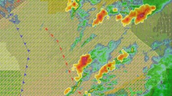 A gridded weather map with sections marked in yellow, red, and green