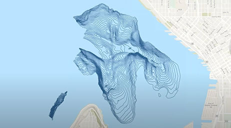 A coastal map with a blue 3D topographic design overlayed on the water