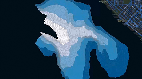  A map of a body of water that shows the depth of water, with deeper areas in white and more shallow areas in shades of blue