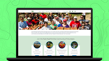 A laptop displaying an ArcGIS Hub dashboard that shows a group of people with text underneath that reads, “Join the Feds Feeds Families Community of Volunteers”