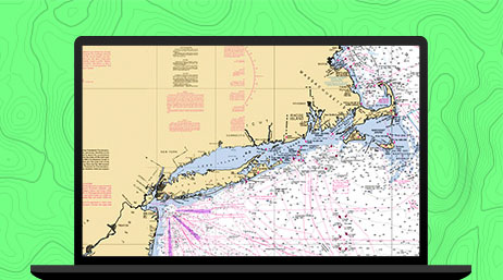 A laptop displaying a nautical chart, overlayed with a smaller map in blue and red