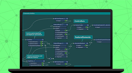 A graphic of a laptop monitor displaying a data flow chart in blue and green on a darker green background