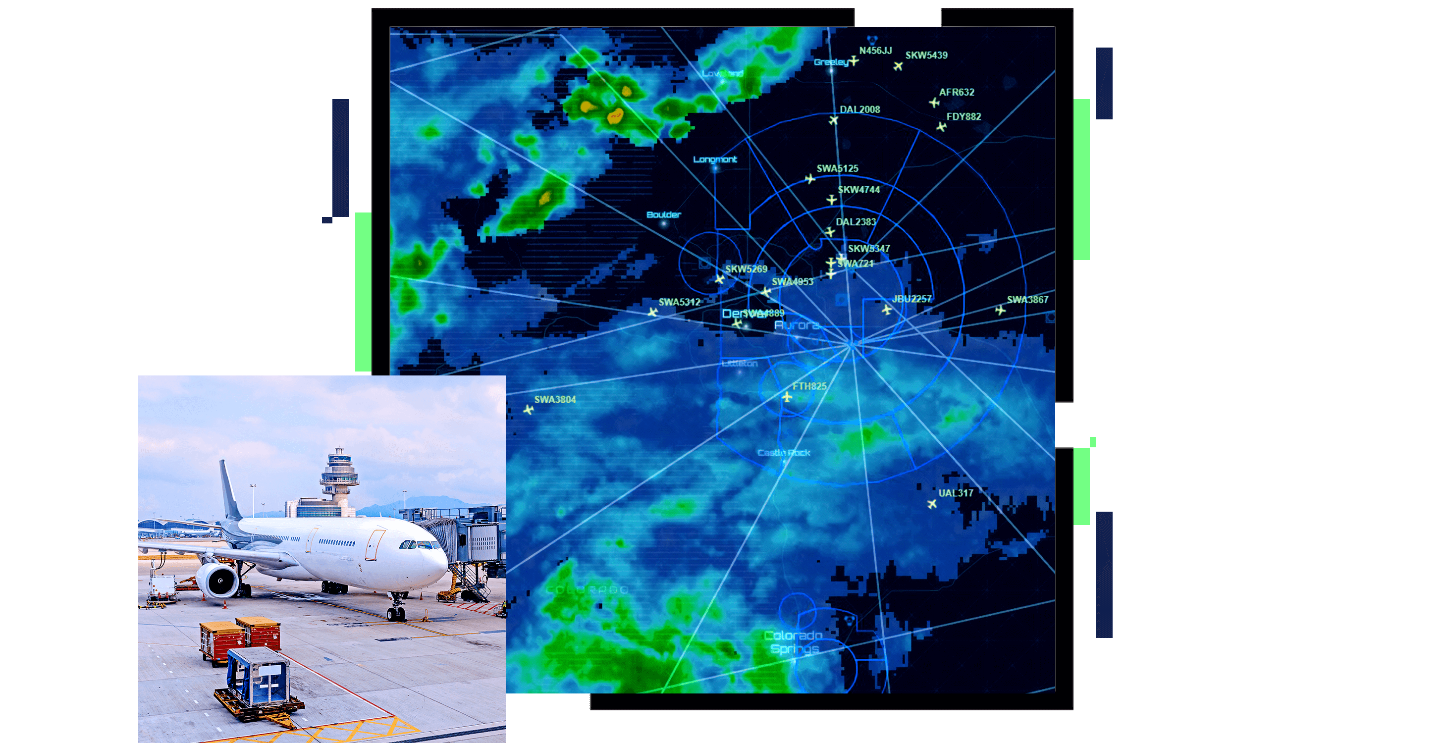 A satellite air traffic map in blue and green overlaid with a photo of an airplane parked on a runway