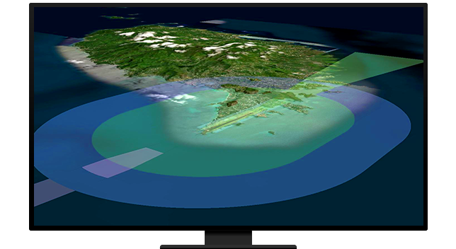 A graphic of a computer monitor displaying airspace over a landmass in blue and green