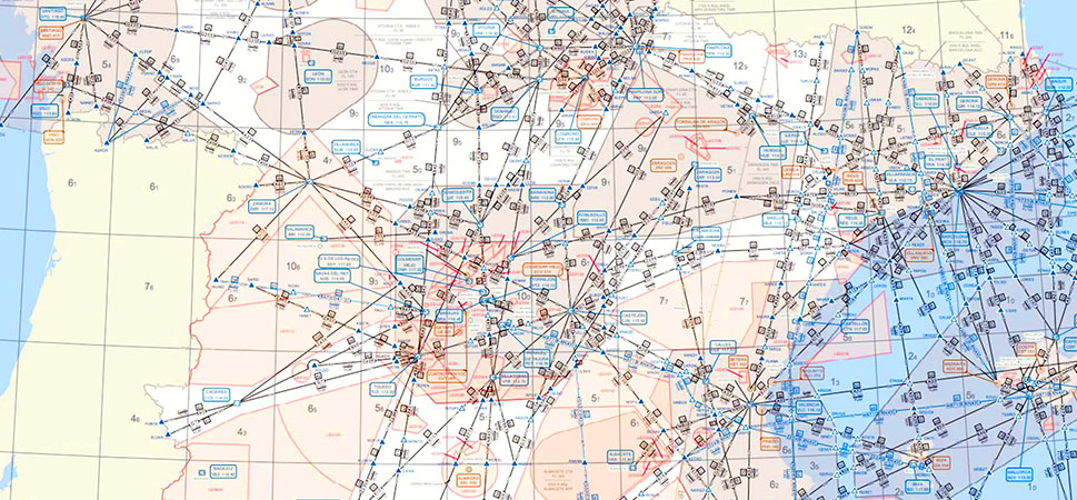 A diagram of air traffic routes overlaid on a country map in pink and blue