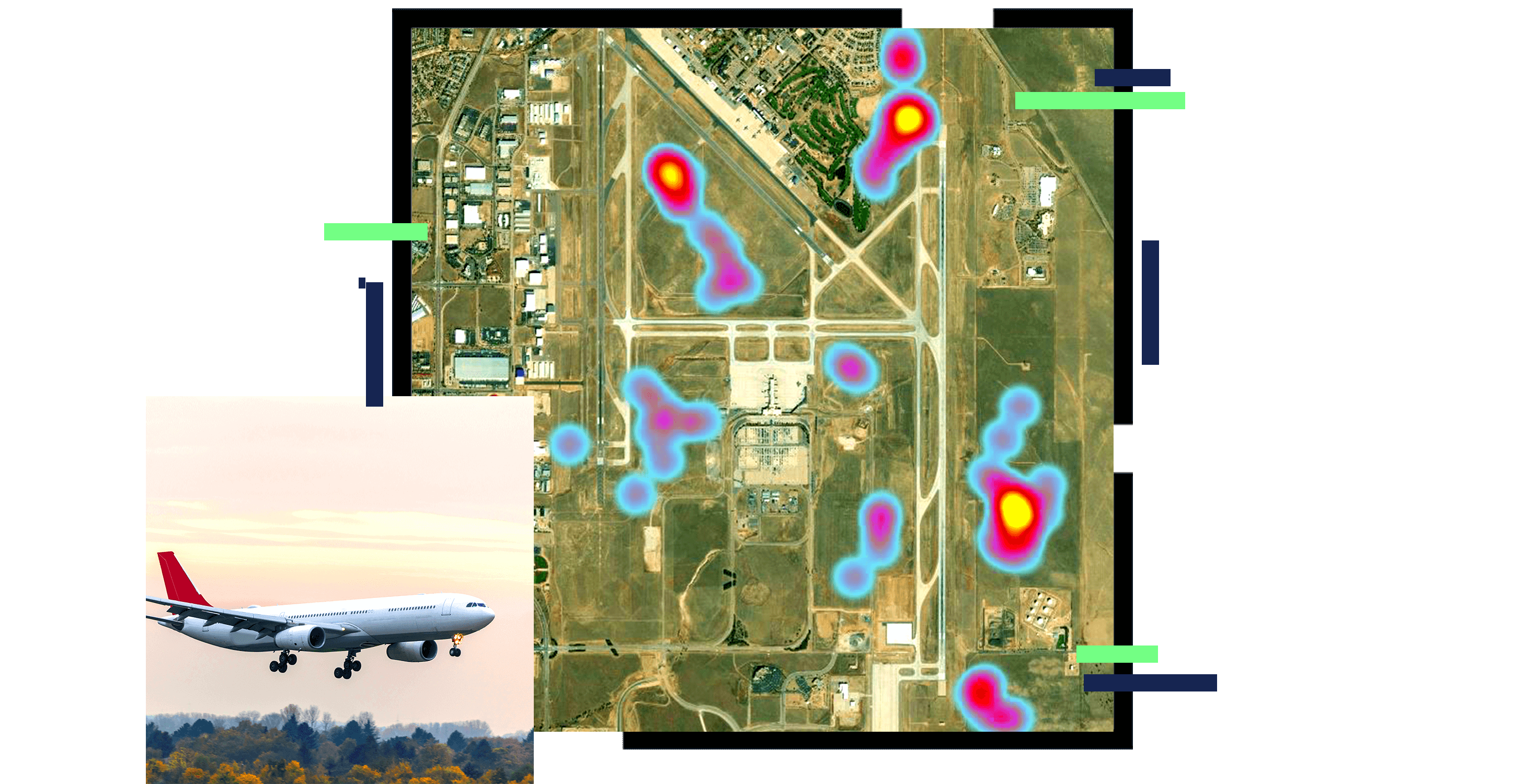 A heat map in red and blue on a satellite image of a pale green rural area, overlaid with a photo of an airplane in flight