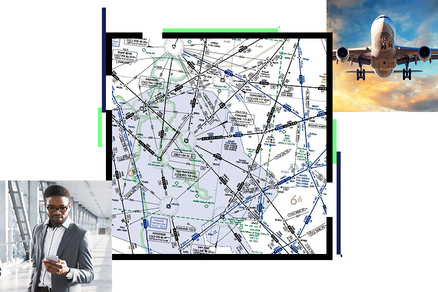 A map of air traffic routes in black and blue, overlaid with a photo of an airplane taking off and a photo of a traveler wheeling a suitcase through an airport