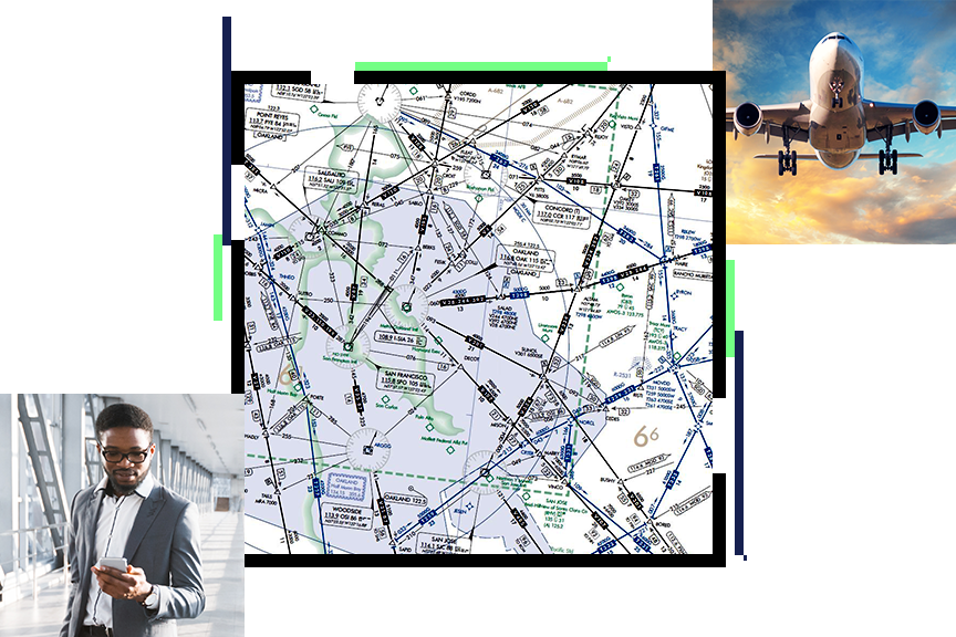 Mapa de carta aeronáutica superpuesto con una foto de una persona atravesando un portal y una foto de un avión en vuelo