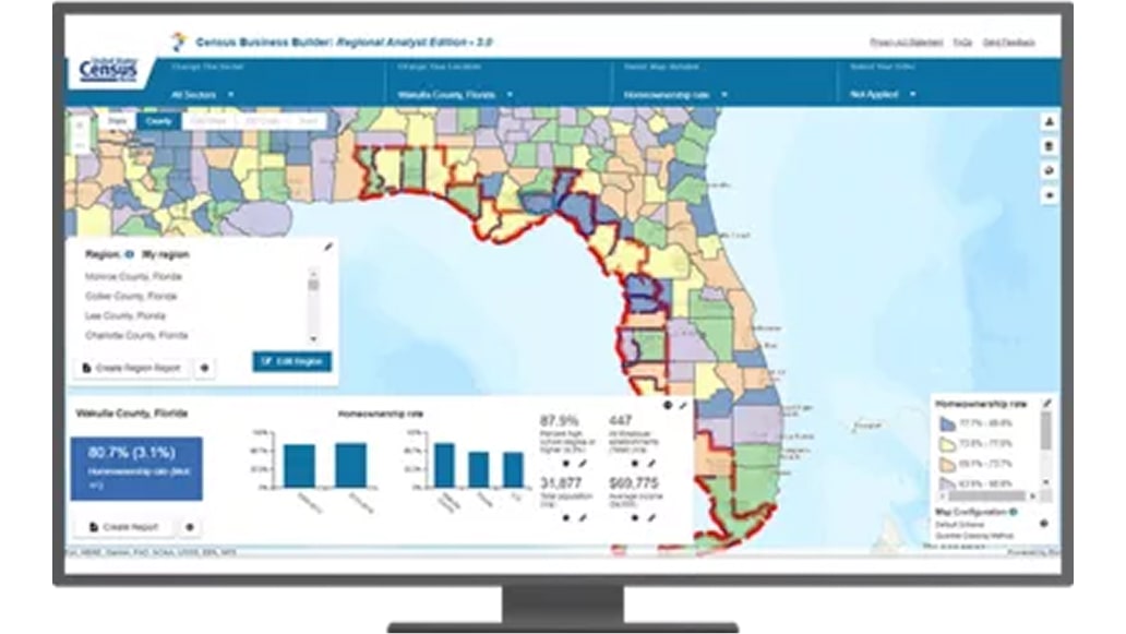Graphic of a desktop monitor displaying a colorful map of Florida overlaid with menus of analysis options