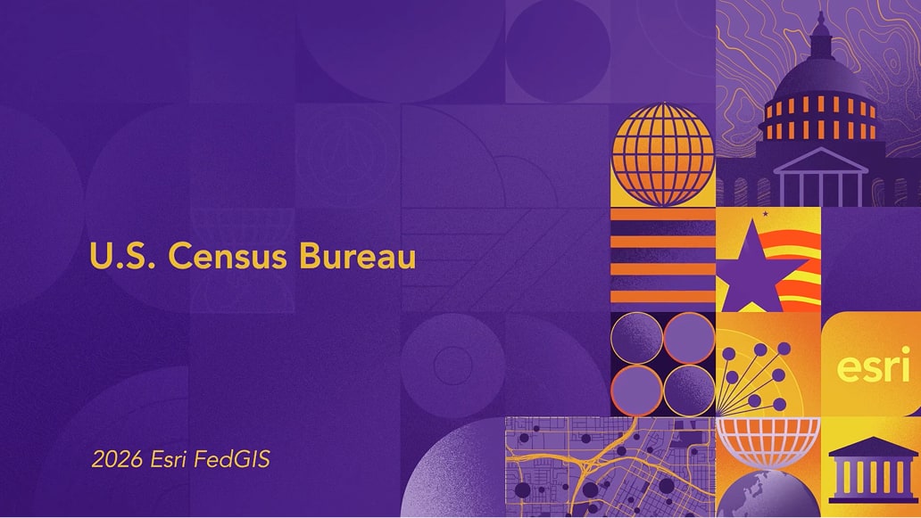 Abstract graphic in purple and gold with tiles containing stars, stripes, maps and government buildings