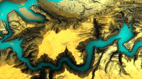 A contour map in yellow and black with a light blue river running through it