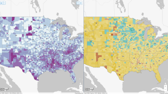 Two U.S. census maps side by side, one in purples and blues and the other in blue and yellow