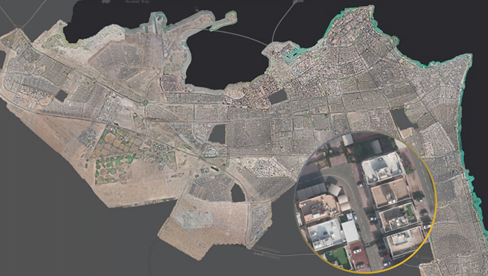 Satellite image of a large city with one neighborhood magnified within a round border