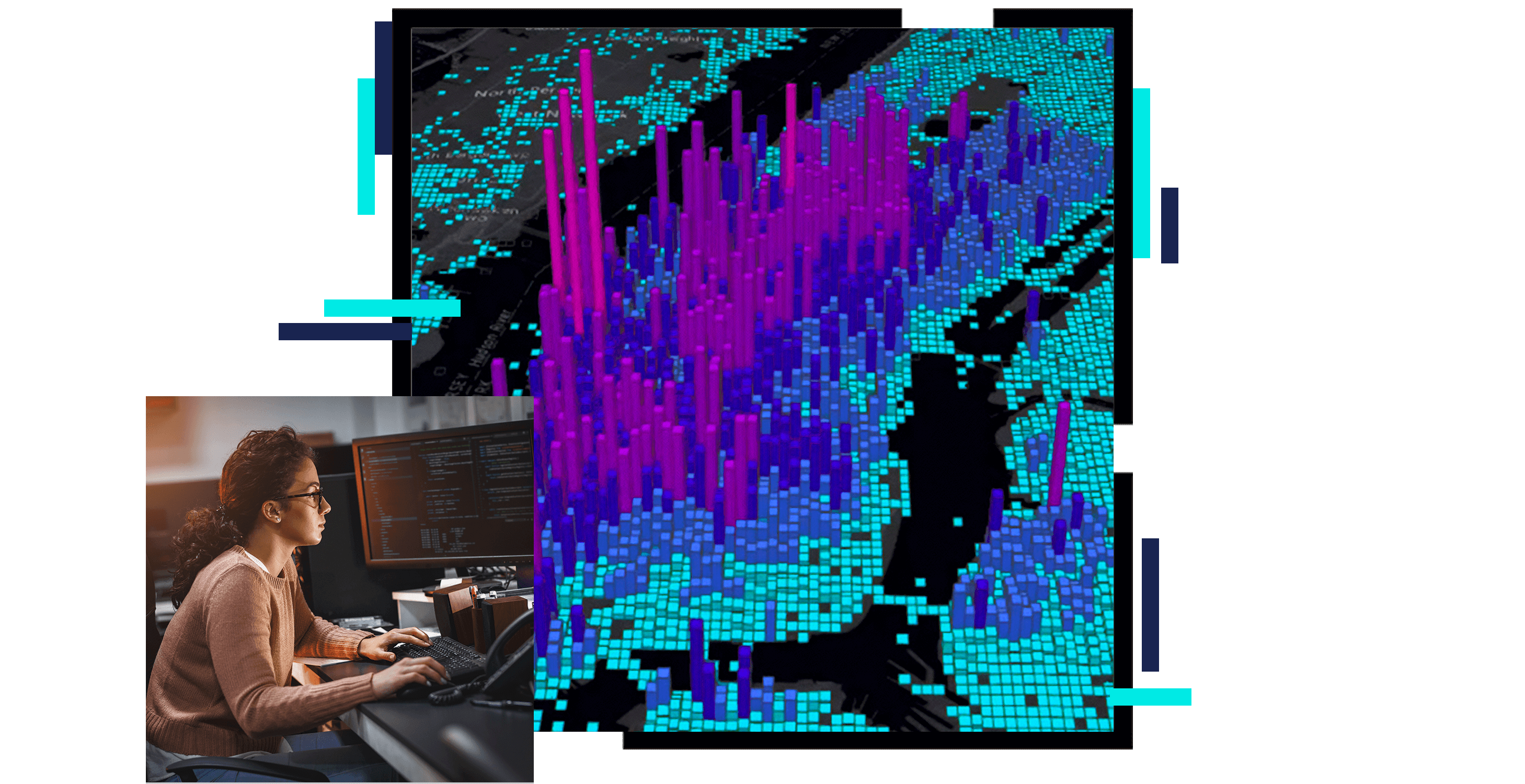 A concentration map in purple and blue on a black background, overlaid with a photo of a person working on a desktop computer in a softly lit gray cubicle