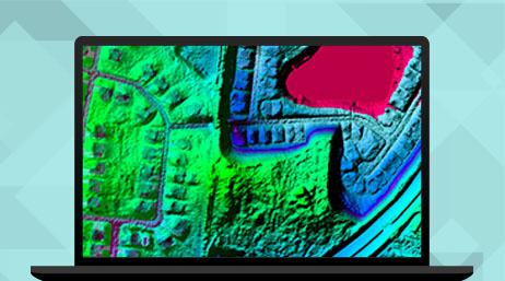A graphic of a laptop monitor displaying a contour map of a neighborhood in green, blue, and hot pink