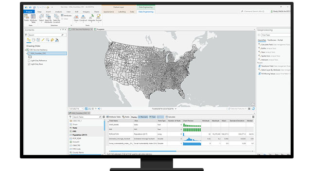 A graphic of a computer monitor displaying a grayscale concentration map of the US alongside several datasets and legends of analysis options