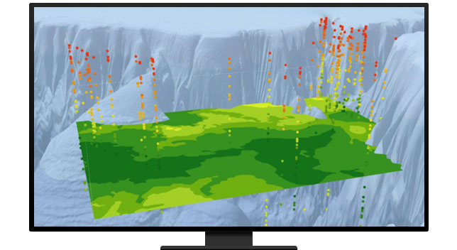 A graphic of a computer monitor displaying a green computer-generated contour map overlaid on a grayscale photo of a related mountain vista