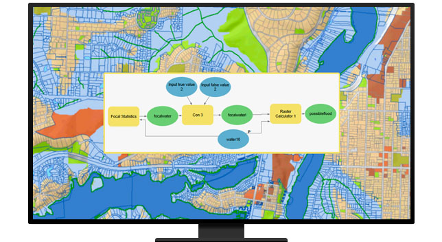 A graphic of a computer monitor displaying a colorful city map with an overlaid chart