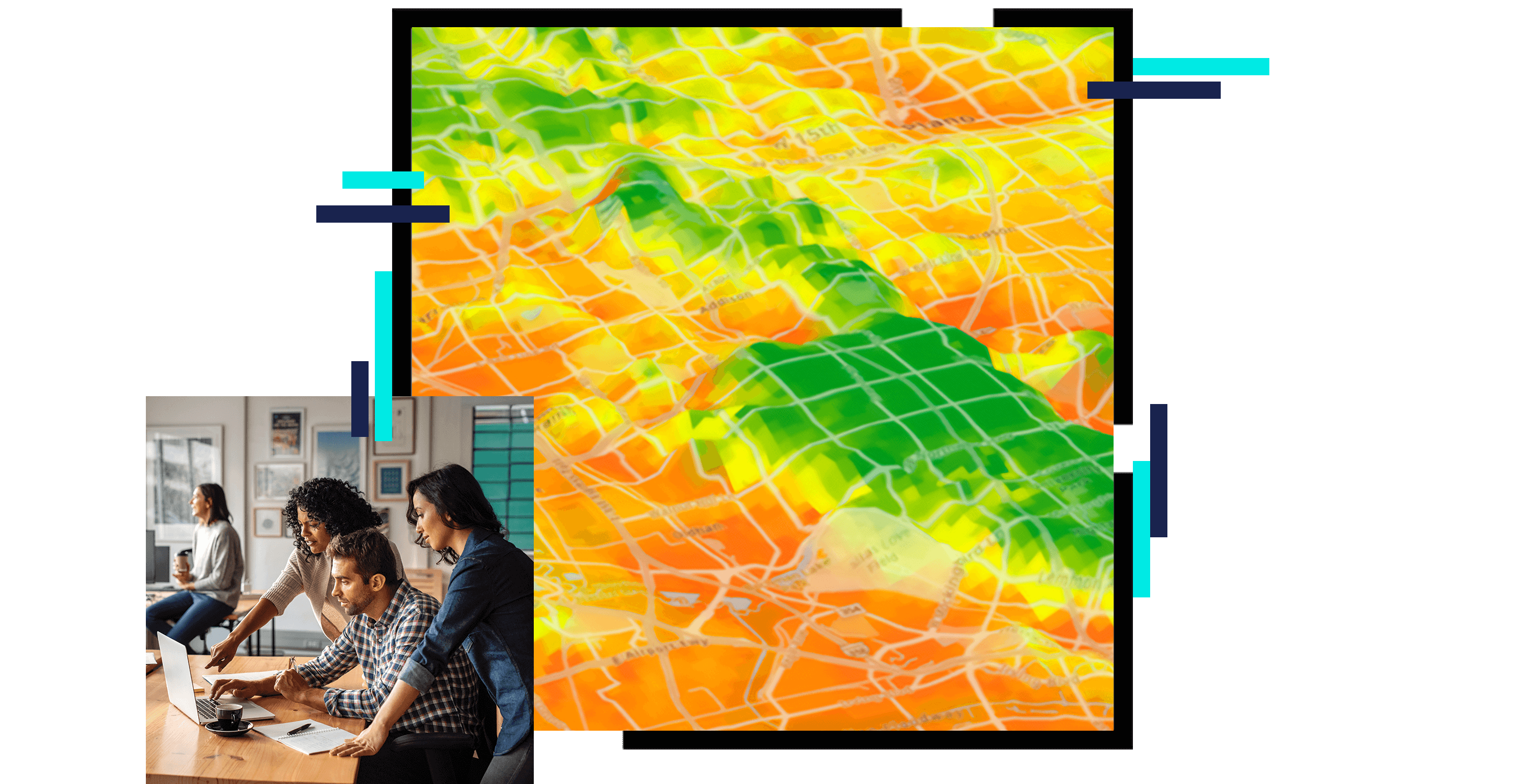 A gridded heat map of a hilly area in green, yellow, and orange, overlaid with a photo of three casually-dressed people in an office environment grouped around a laptop in discussion