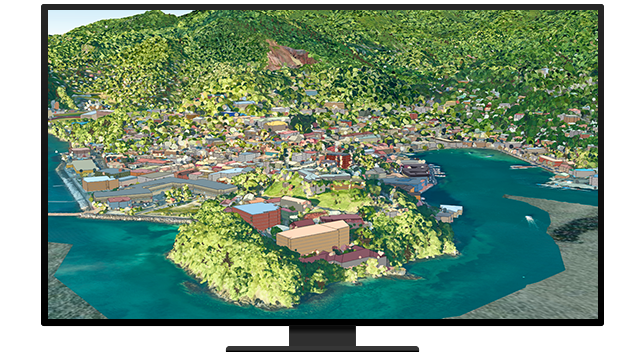 A graphic of a computer monitor displaying a 3D rendering of a seaside city in beige and dark red nestled against bright green hillsides beside still blue-green waters