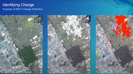 A screencap from the featured video showing three aerial photos of the same urban area, each with sections shaded differently in white and red