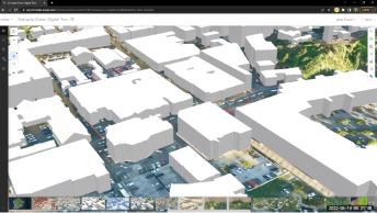 一个白色建筑群在绿色和蓝色构成的背景上的 3D 渲染效果