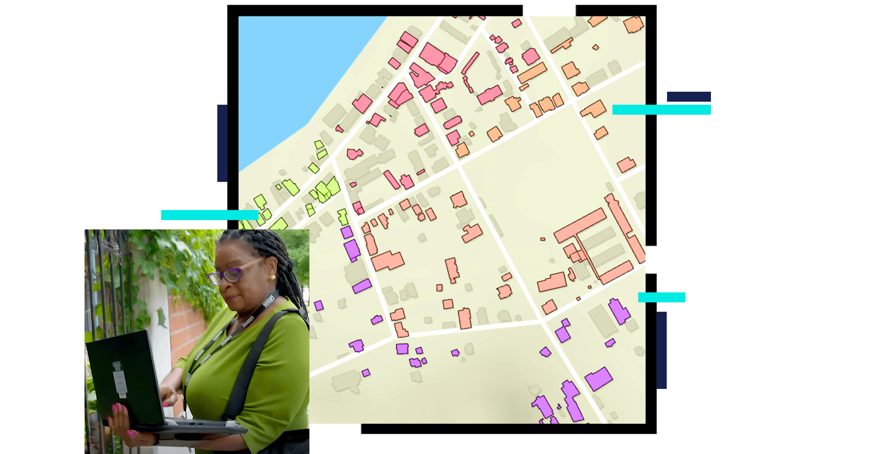 A map of a coastal city with buildings shaded in different colors, overlaid with a photo of a person using a laptop as they stand on a city sidewalk