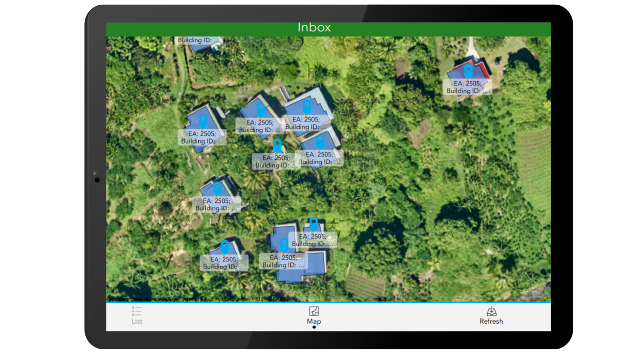 A graphic of a tablet displaying an aerial photo of a wooded area with several buildings, overlaid with labeled data for each building